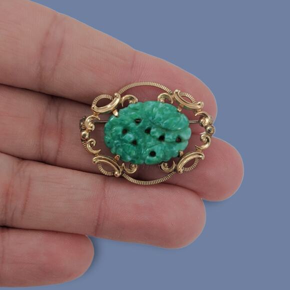 VTG Van Dell Brooch & Earrings GF Gold Filled Faux Jade Green Peking Glass - Picture 2 of 7